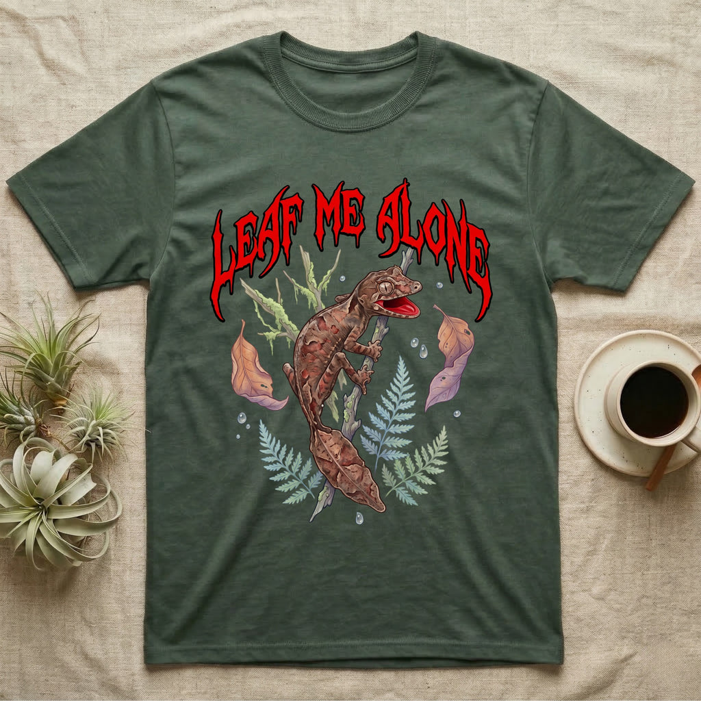 Satanic Leaf-Tailed Gecko Feral T-Shirt in Military Green — Satanic leaf-tailed gecko gaping on a twig with dripping blood-red metal "Leaf Me Alone" wordmark above
