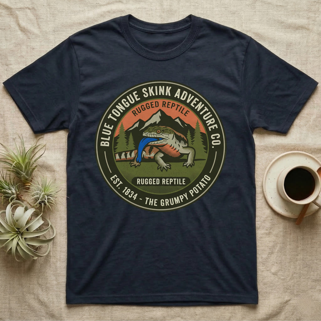 Dark blue t-shirt with "Blue Tongue Skink Adventure" and a lizard graphic.