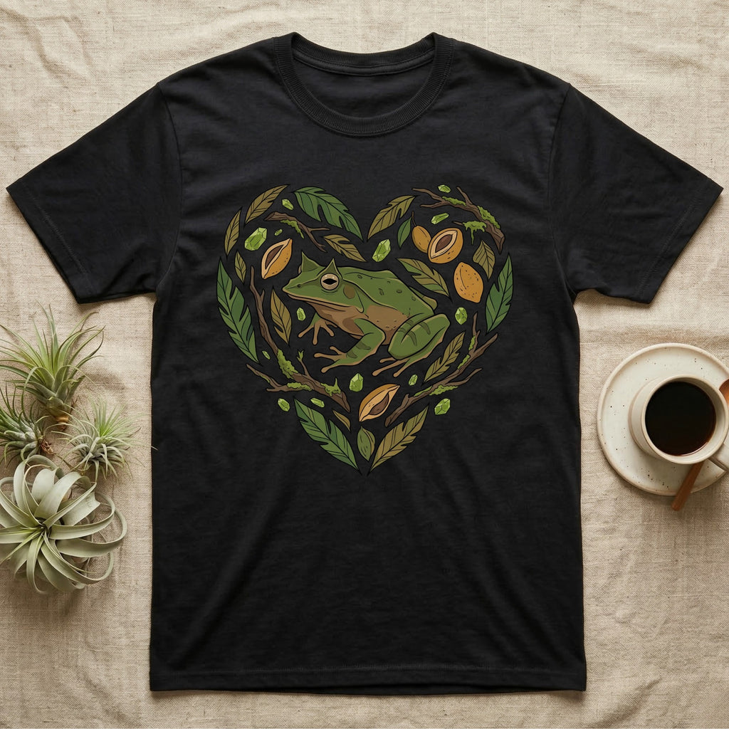 Black t-shirt with a green frog and heart-shaped nature design.