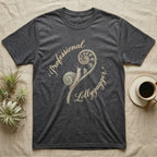 Dark gray t-shirt with a snail on a fern and "Professional Lollygagger" text.