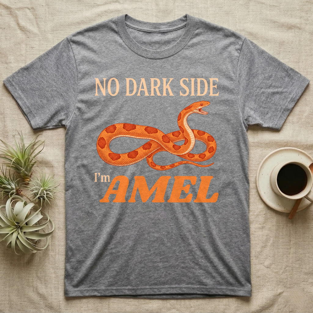 Amel Corn Snake T-Shirt in Sport Grey — Orange engraved amel corn snake with orange-red saddles mid-hiss between peach and orange lettering reading NO DARK SIDE, I'm AMEL