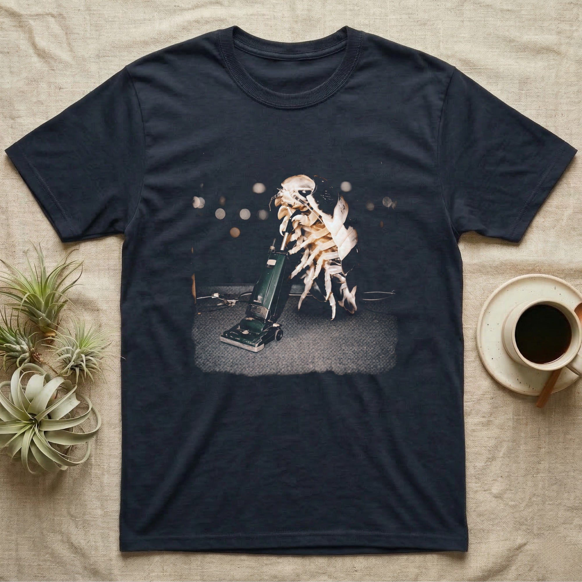 Panda King Isopod Vacuum T-Shirt in Navy — Panda King isopod standing upright holding the handle of a vintage upright vacuum cleaner on carpet.