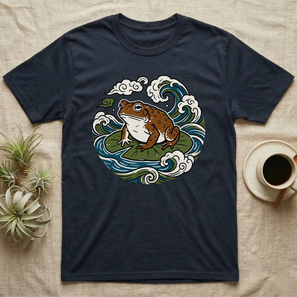 Dark t-shirt with a Japanese-style frog on lily pads and waves graphic.