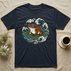Dark t-shirt with a Japanese-style frog on lily pads and waves graphic.
