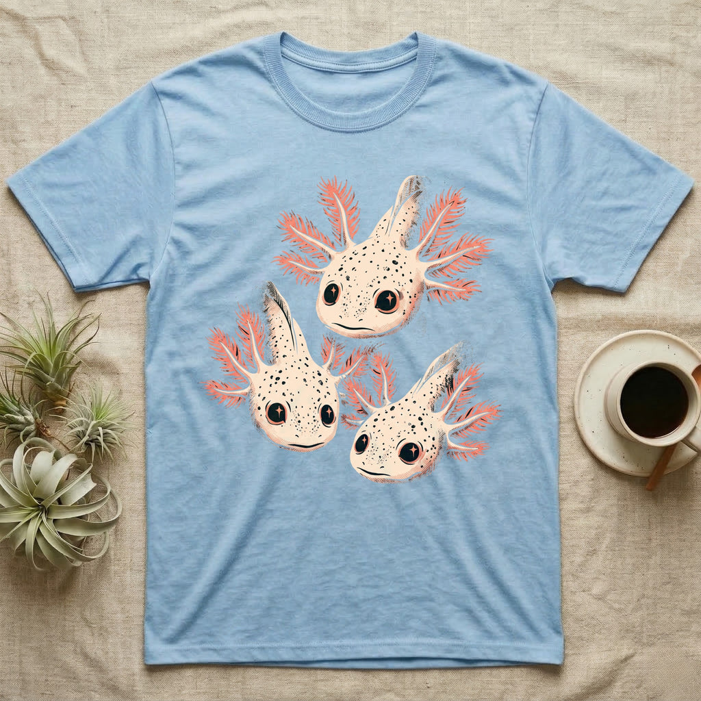 Vintage comic screen-print illustration of three axolotls clustered together with coral feathery gills and sparkling star-highlighted eyes, graphic-only, no text. — shown on a Light Blue tee.