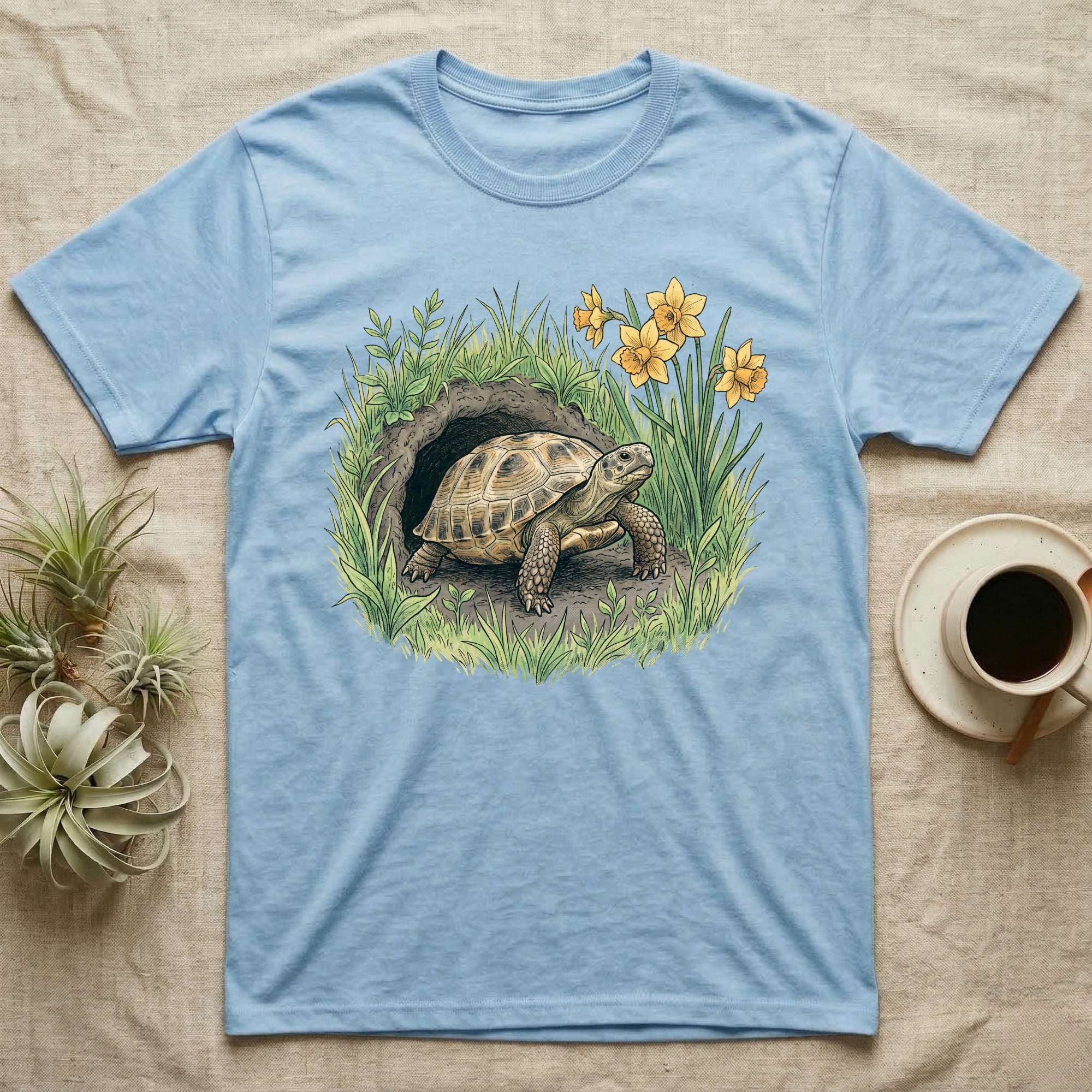 Russian Tortoise Spring T-Shirt in Light Blue — Botanical illustration of a Russian tortoise stepping into spring grass framed by daffodils and early shoots.