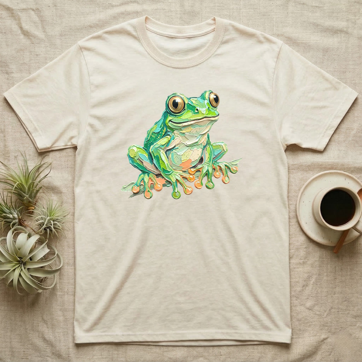 Cream t-shirt with vibrant green frog illustration on a neutral linen background.