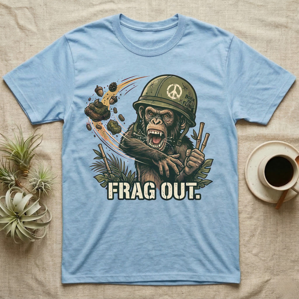 Light blue t-shirt with a chimpanzee in a helmet, holding bamboo, with "FRAG OUT." text.