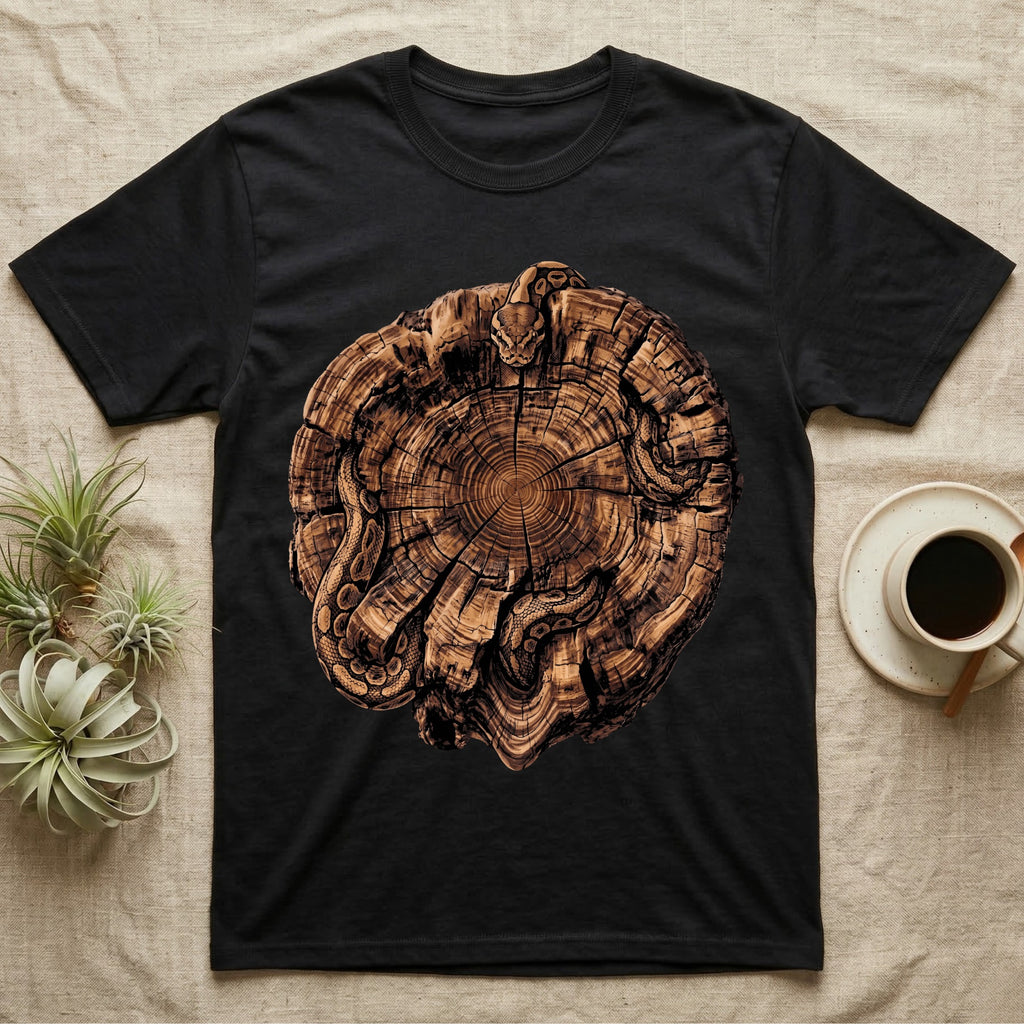 Ball Python Stump Coil T-Shirt in Black — Pyrography-style illustration of a ball python threaded through the charred radial cracks of a cross-section log, no on-shirt text.