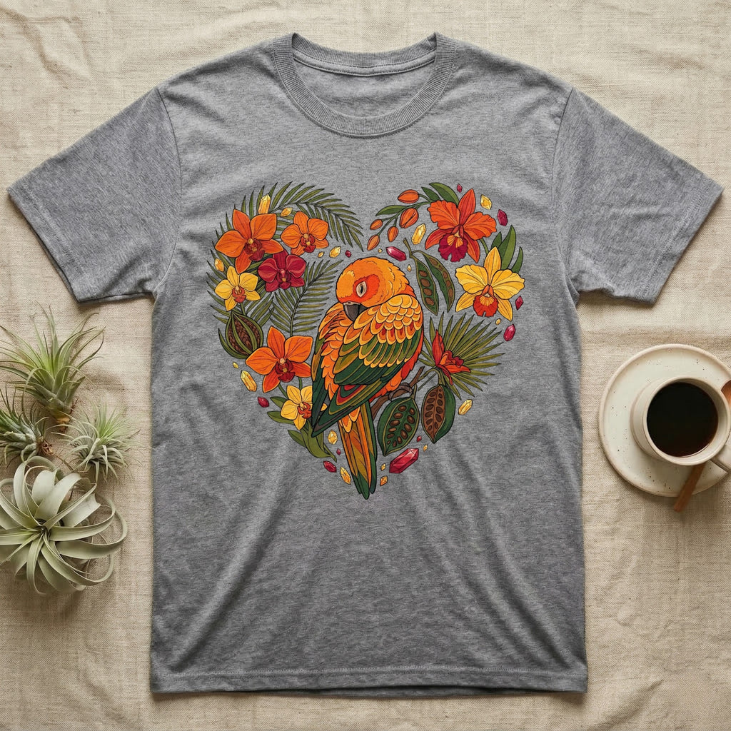 Grey t-shirt with a heart-shaped design of a parrot and tropical flowers.