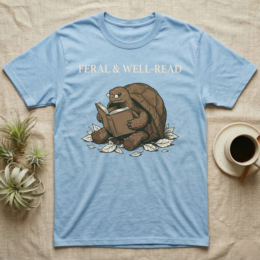 Red-Foot Tortoise Reading T-Shirt in Light Blue — Pen-and-ink red-foot tortoise seated reading a book in tiny glasses with cross-hatch shading and cream ink