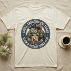 Sea Turtle General T-Shirt in Natural — Circular crest of a sea turtle dressed as a Continental general with text Shell-Ebrating 250 Years.