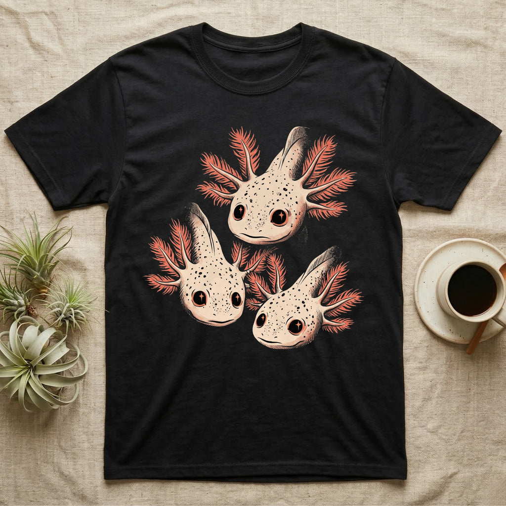 Vintage comic screen-print illustration of three axolotls clustered together with coral feathery gills and sparkling star-highlighted eyes, graphic-only, no text. — shown on a Black tee.