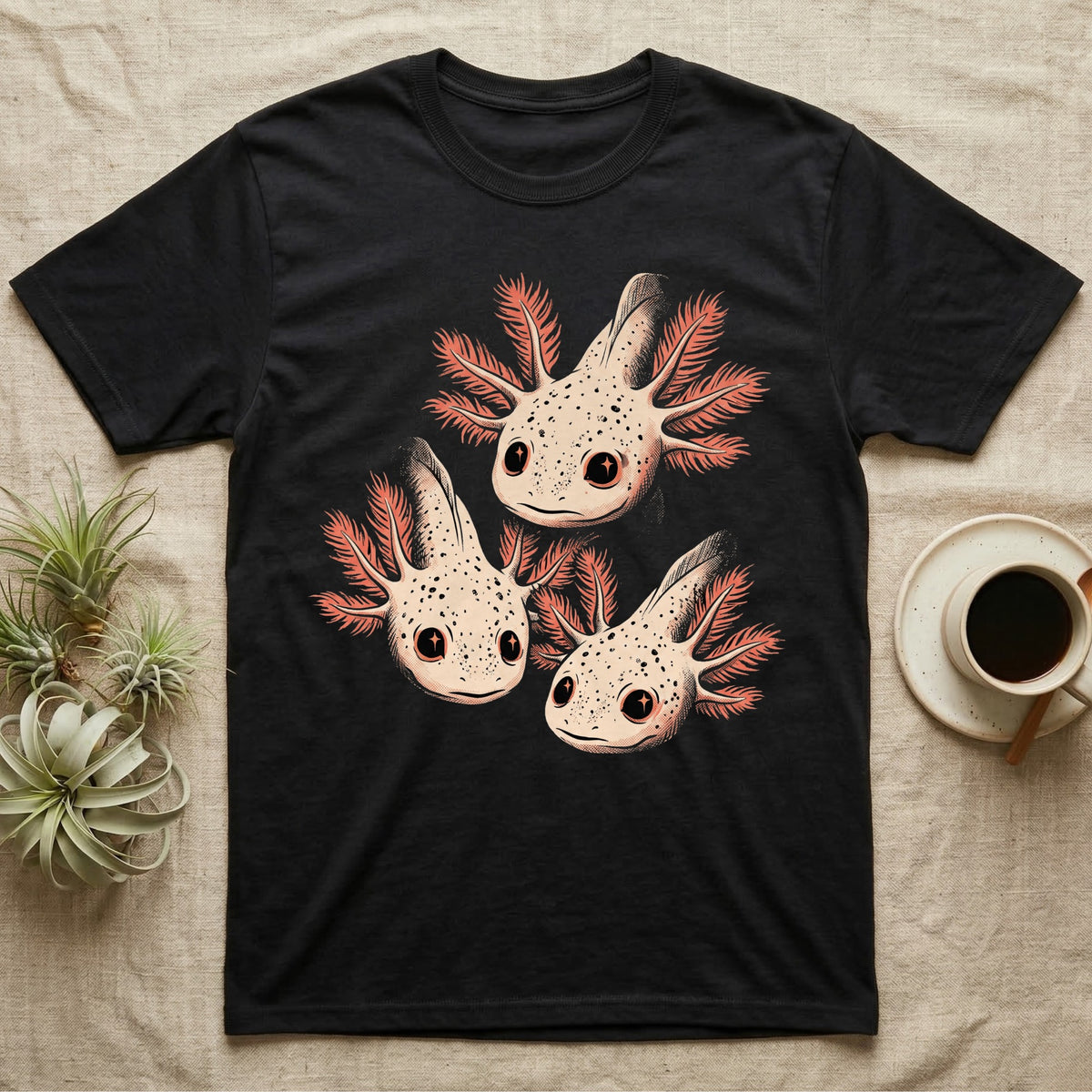Vintage comic screen-print illustration of three axolotls clustered together with coral feathery gills and sparkling star-highlighted eyes, graphic-only, no text. — shown on a Black tee.