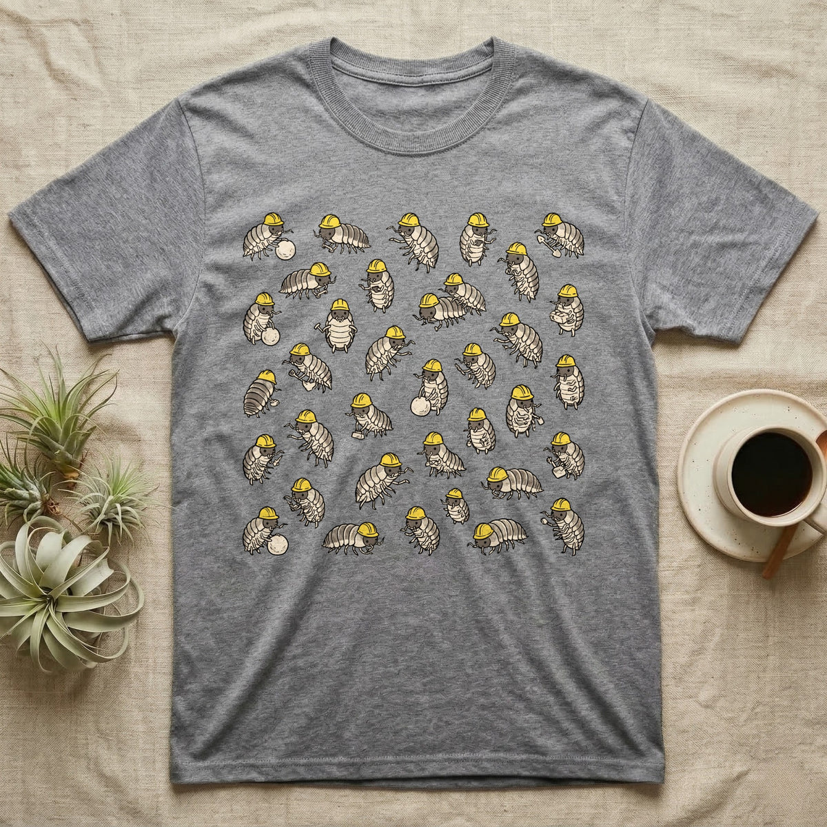 Isopod Cleanup Crew T-Shirt in Sport Grey — Flat all-over scatter of cheerful isopods in tiny hi-vis hard-hats as a bioactive cleanup crew on shift.
