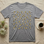 Isopod Cleanup Crew T-Shirt in Sport Grey — Flat all-over scatter of cheerful isopods in tiny hi-vis hard-hats as a bioactive cleanup crew on shift.