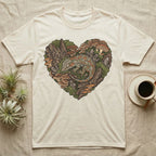 Crested gecko illustration within a heart-shaped forest scene on a cream t-shirt.