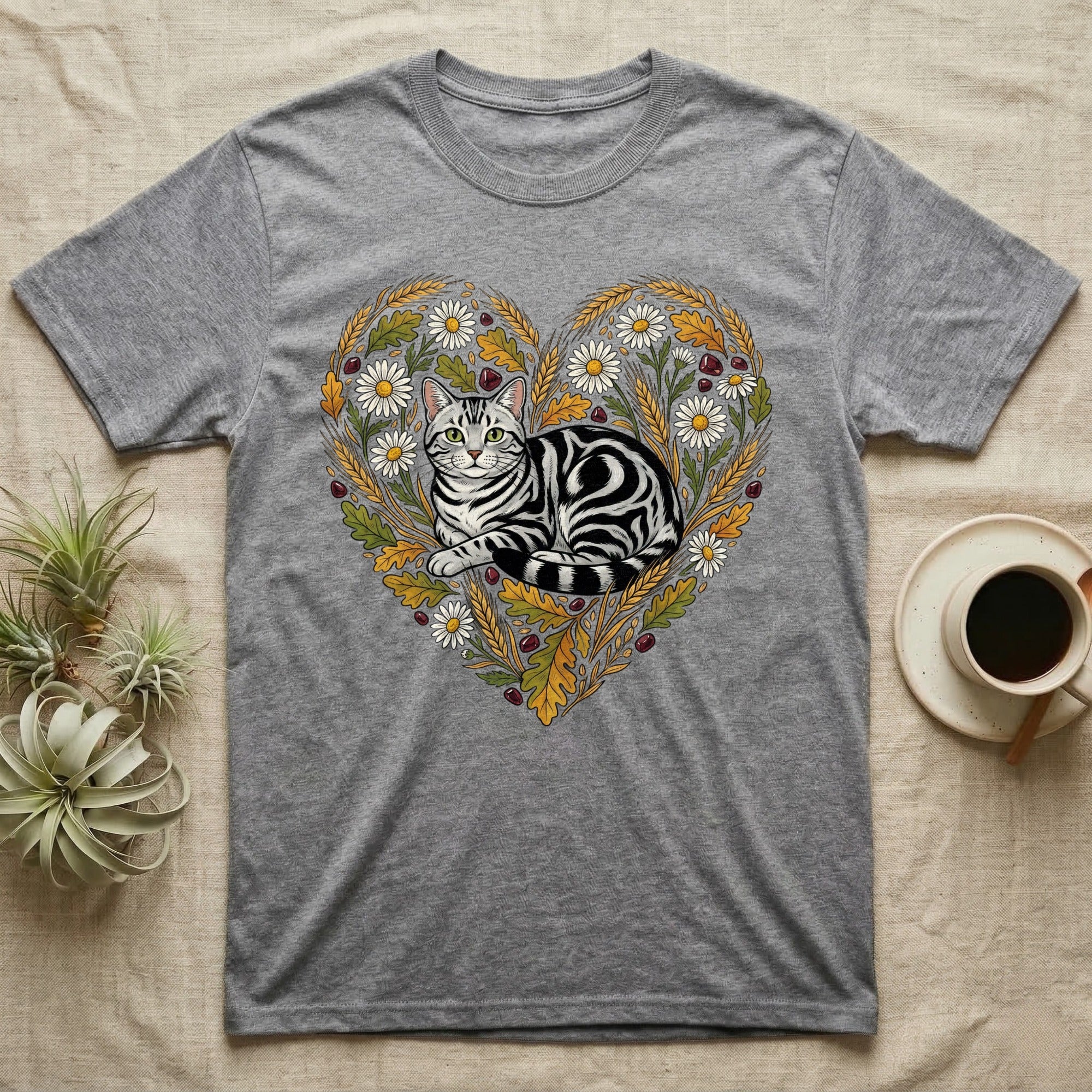 Grey t-shirt with a heart-shaped floral design featuring a tabby cat.