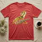 Illustration of a smiling leopard gecko with a plump curled spotted tail, bold vintage-comic ink outlines and halftone shading, graphic-only, no text. — shown on a Heather Red tee.