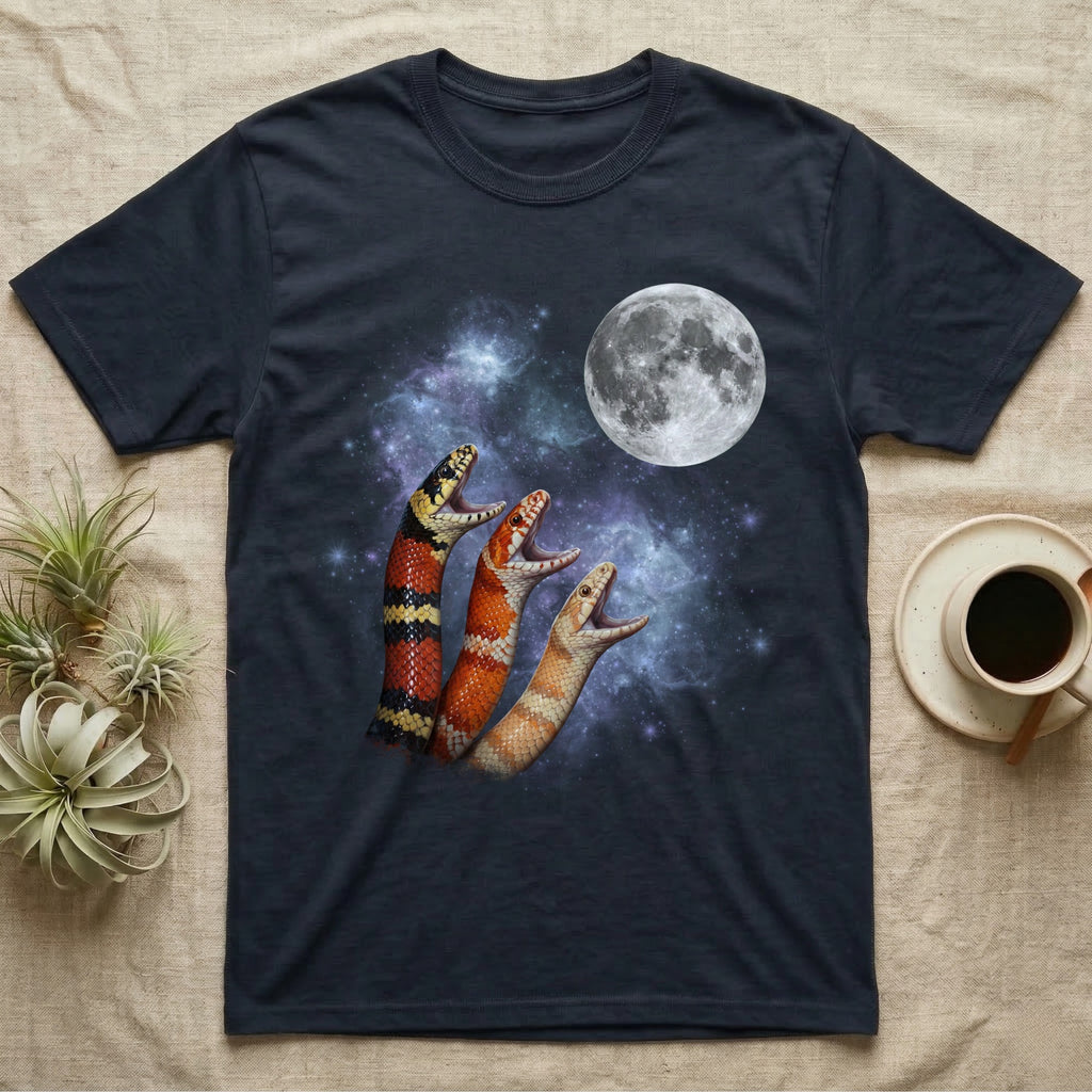 Milk Snake Moon Howl T-Shirt in Navy — Three Milk Snake colour morphs howling at a full moon over a nebula on a dark grey t-shirt.