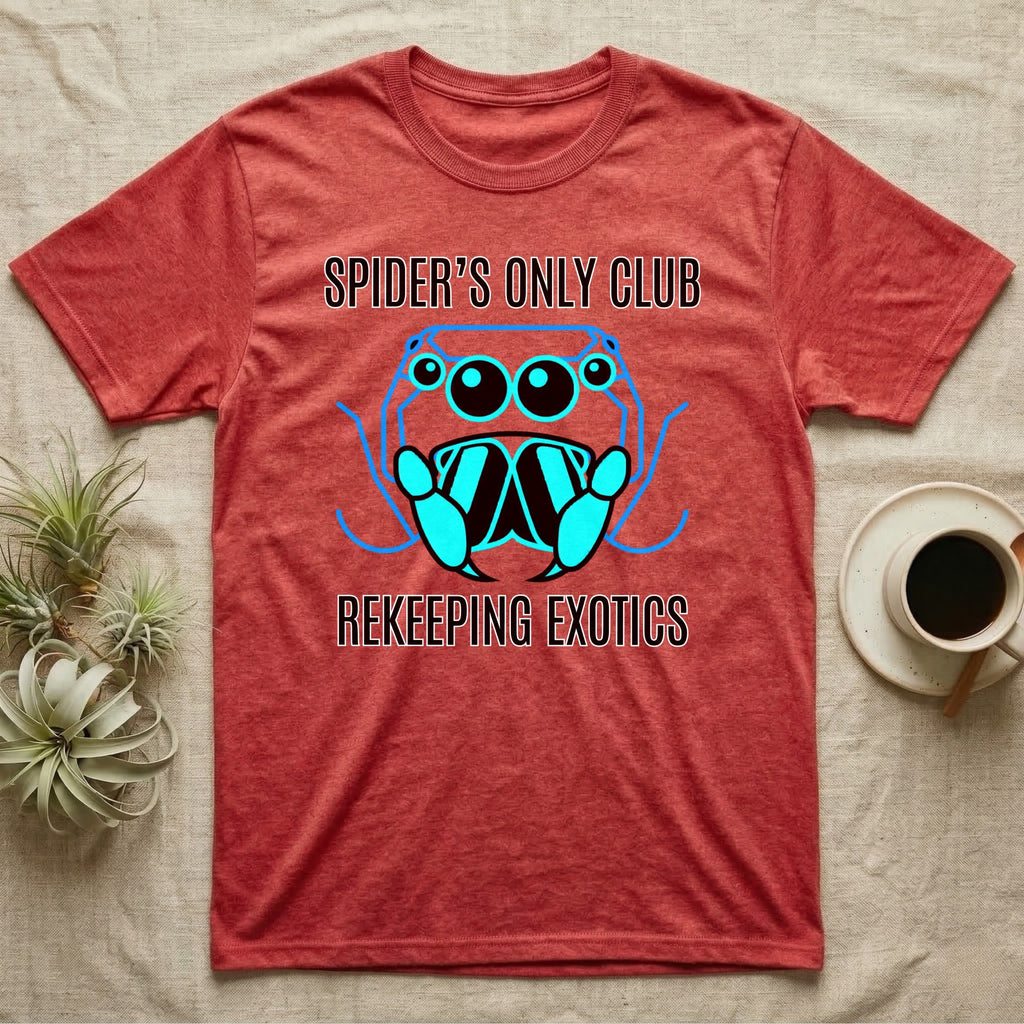 Red t-shirt with "SPIDER'S ONLY CLUB REKEEPING EXOTICS" and a cartoon spider graphic.