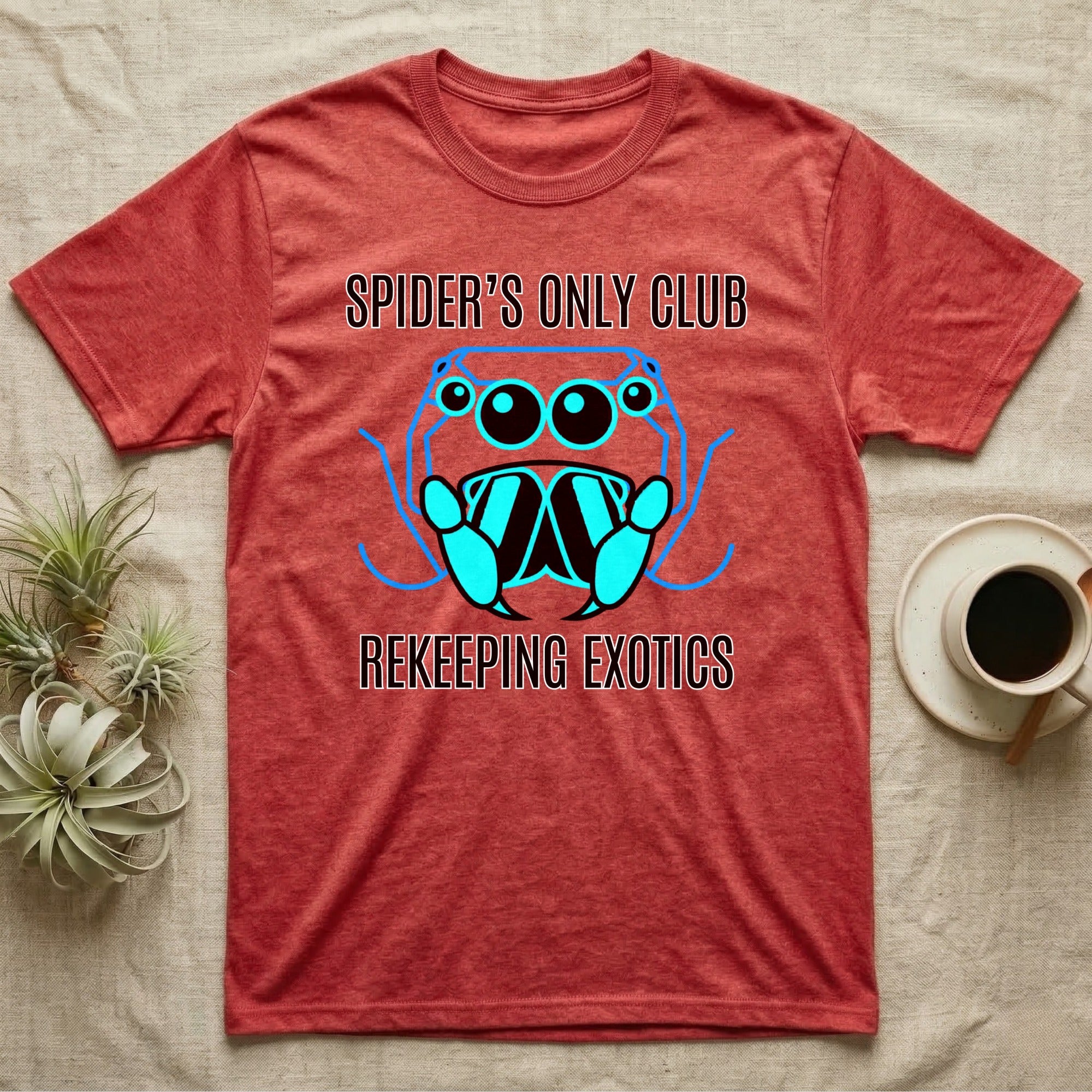 Red t-shirt with "SPIDER'S ONLY CLUB REKEEPING EXOTICS" and a cartoon spider graphic.