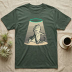 Bearded Dragon Diva T-Shirt in Military Green — Bold vector illustration of a bearded dragon in a dramatic stage pose under a soft spotlight, chin lifted.
