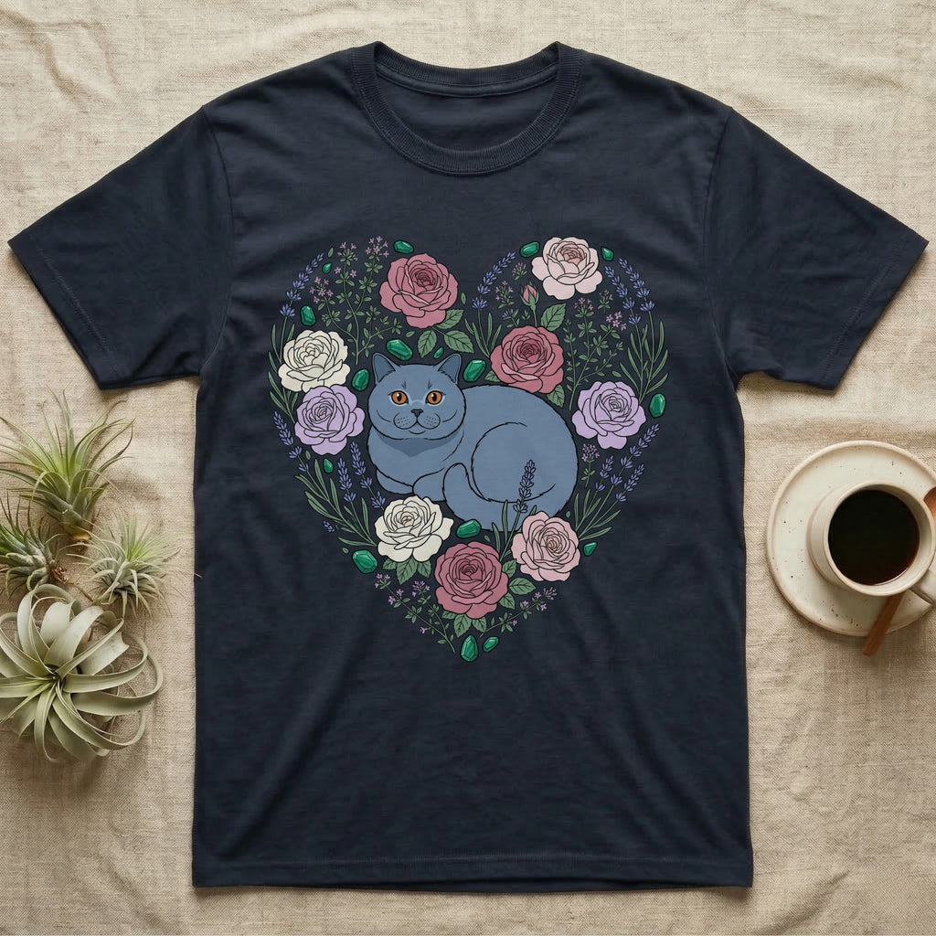 Dark t-shirt with a cat and floral heart design.