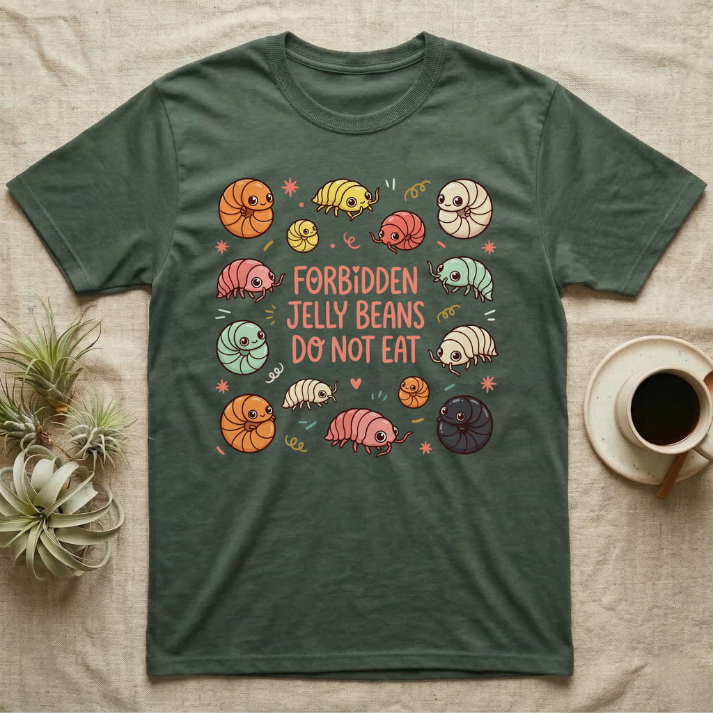 Green t-shirt with kawaii pill bugs and the text "Forbidden Jelly Beans Do Not Eat".
