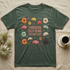 Green t-shirt with kawaii pill bugs and the text "Forbidden Jelly Beans Do Not Eat".