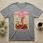 Corn Snake Club T-Shirt in Sport Grey — Engraved corn snake sitting deadpan under pink lettering The One More Club, with This is definitely the last one below, on yellow stripes