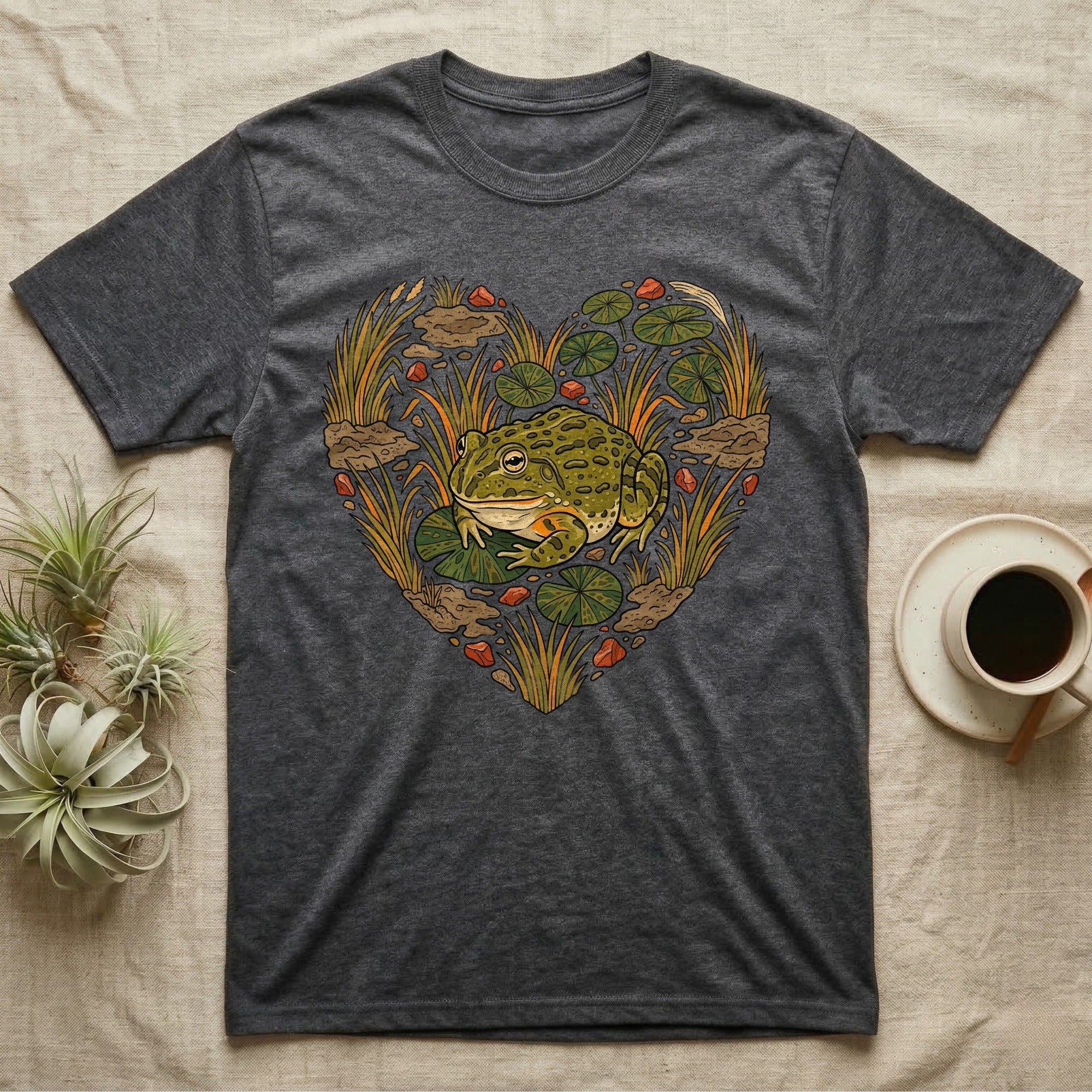 Dark gray t-shirt with a heart-shaped nature design featuring a frog and lily pads.