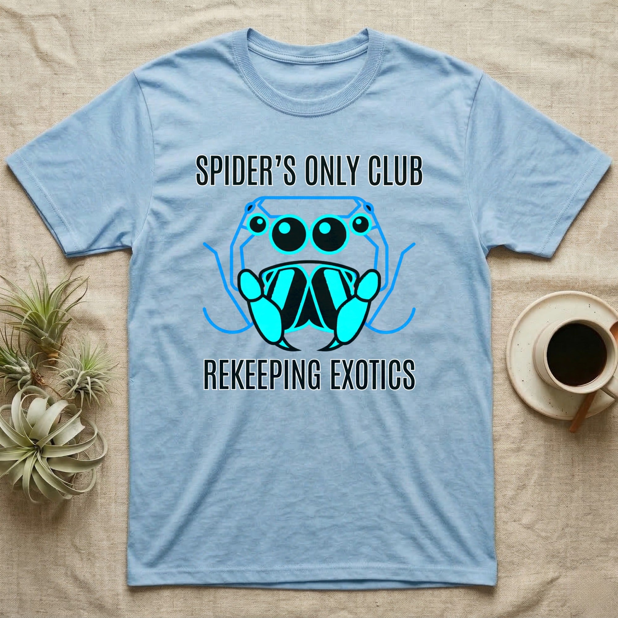 Blue t-shirt with spider graphic and "SPIDER'S ONLY CLUB REKEEPING EXOTICS" text.
