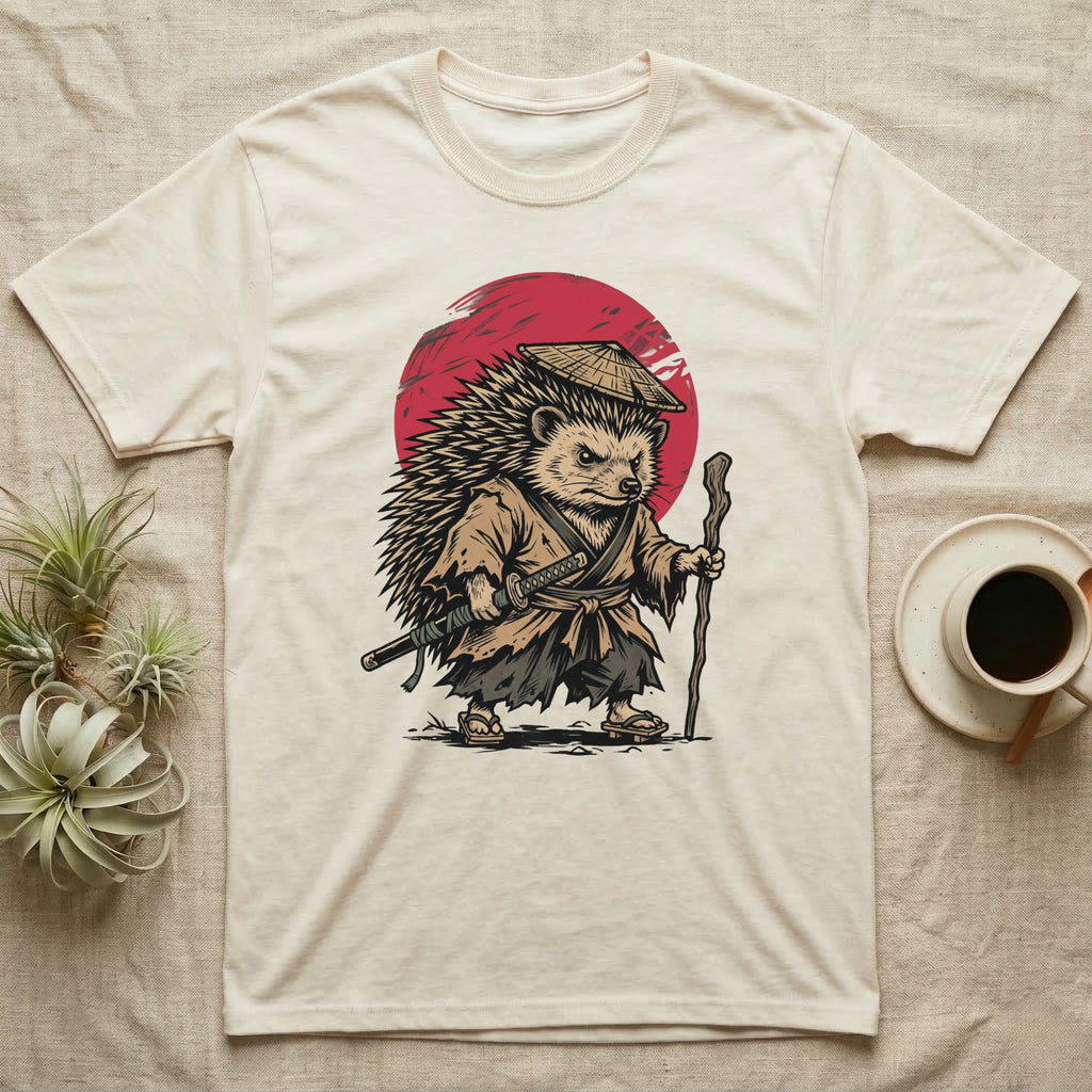 T-shirt with samurai hedgehog wearing a straw hat and holding a sword and staff.