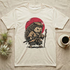 T-shirt with samurai hedgehog wearing a straw hat and holding a sword and staff.
