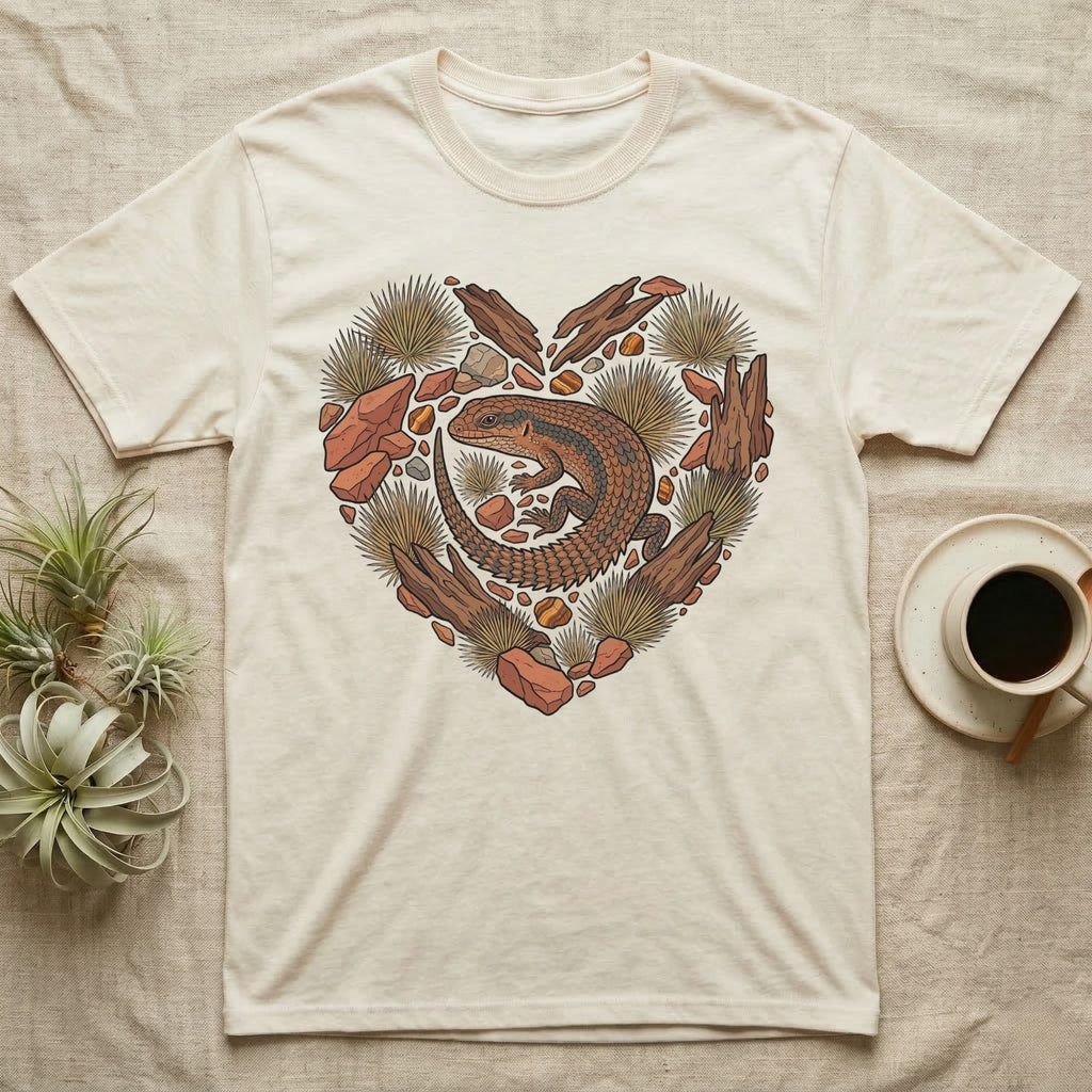 Cream t-shirt with a heart-shaped design of a lizard, rocks, and desert plants.