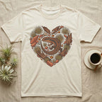 Cream t-shirt with a heart-shaped design of a lizard, rocks, and desert plants.