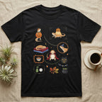 Bearded Dragon Halloween Sampler T-Shirt in Black — Gouache sampler of ten bearded dragon Halloween vignettes — pumpkin costume, witch hat, red cape — on dark charcoal.