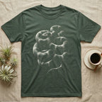 California Kingsnake Coil T-Shirt in Military Green — Cream rim-light drawing of a coiled California kingsnake on near-black, its banding tracing the coil