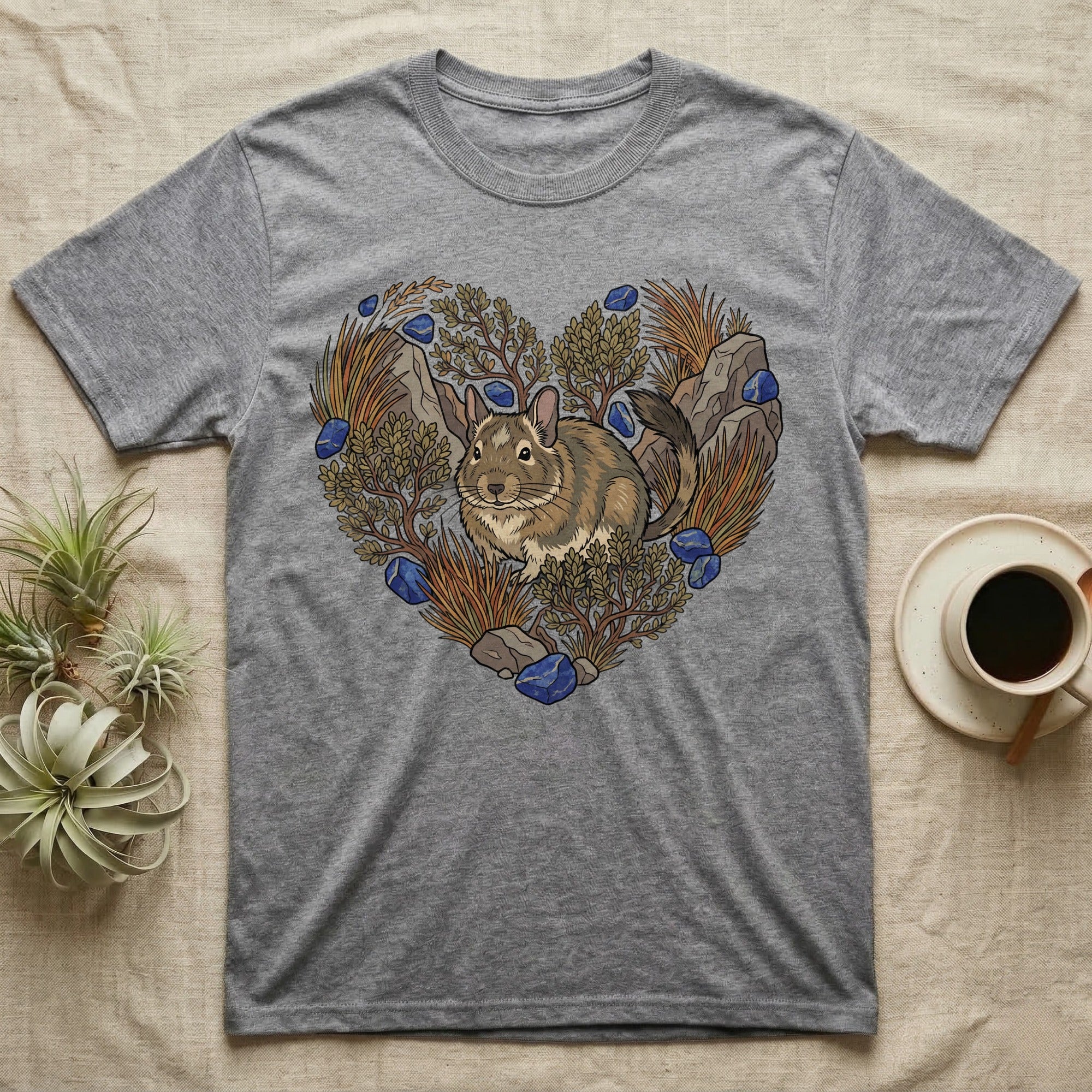 Gray t-shirt with a chinchilla surrounded by natural elements in a heart shape.