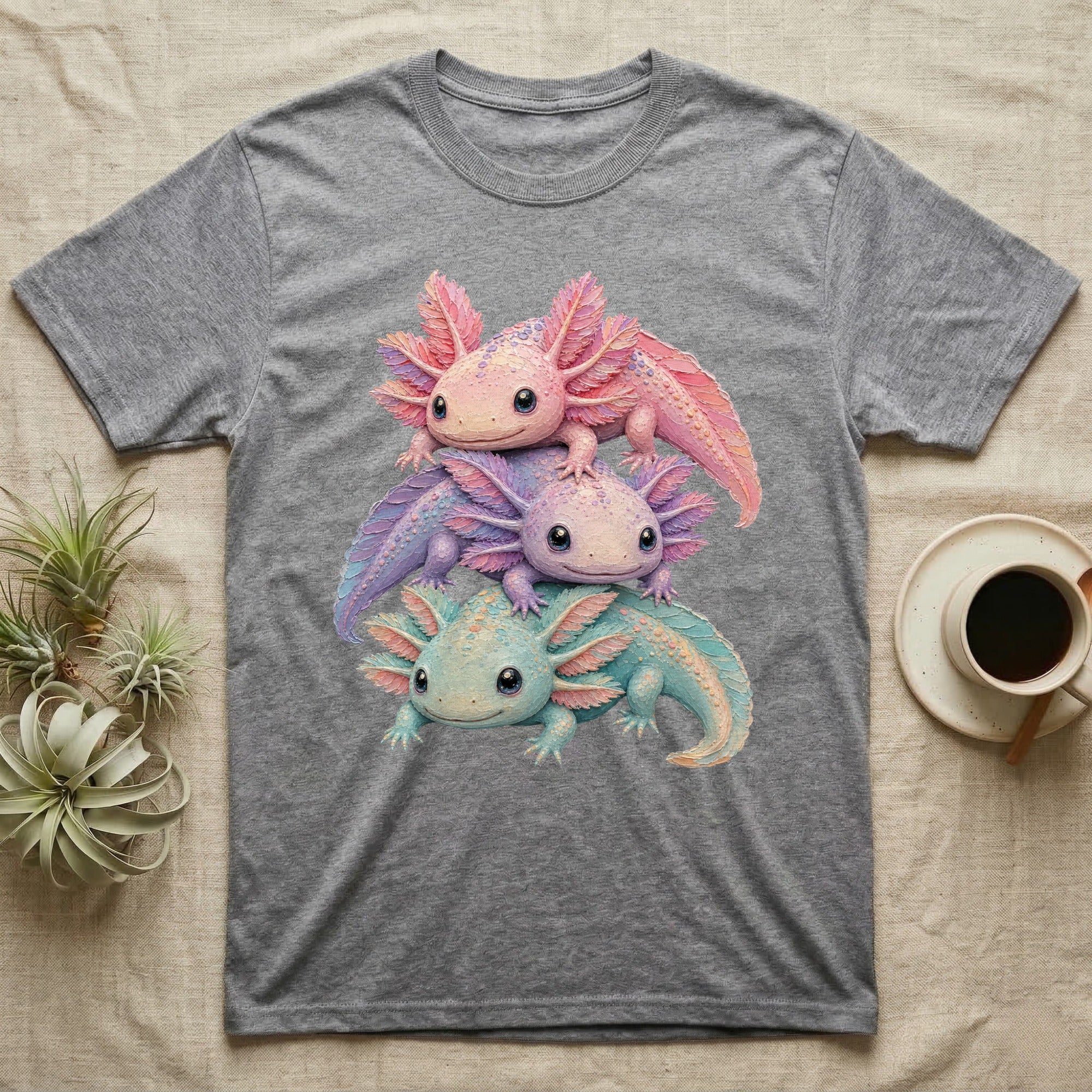 Three smiling axolotls stacked on a gray t-shirt.