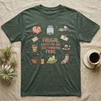 Glass Frog Frugal T-Shirt in Military Green — Cartoon glass frog on a leaf under the words Frugal except for one see-through frog, ringed by a piggy bank, coin jar, coupons and other thrifty things