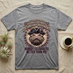 Bearded Dragon Declaration T-Shirt in Sport Grey — Ornate engraved bearded dragon portrait in a tricorn hat on a cream sunburst with Nobody Celebrates Better Than Me.