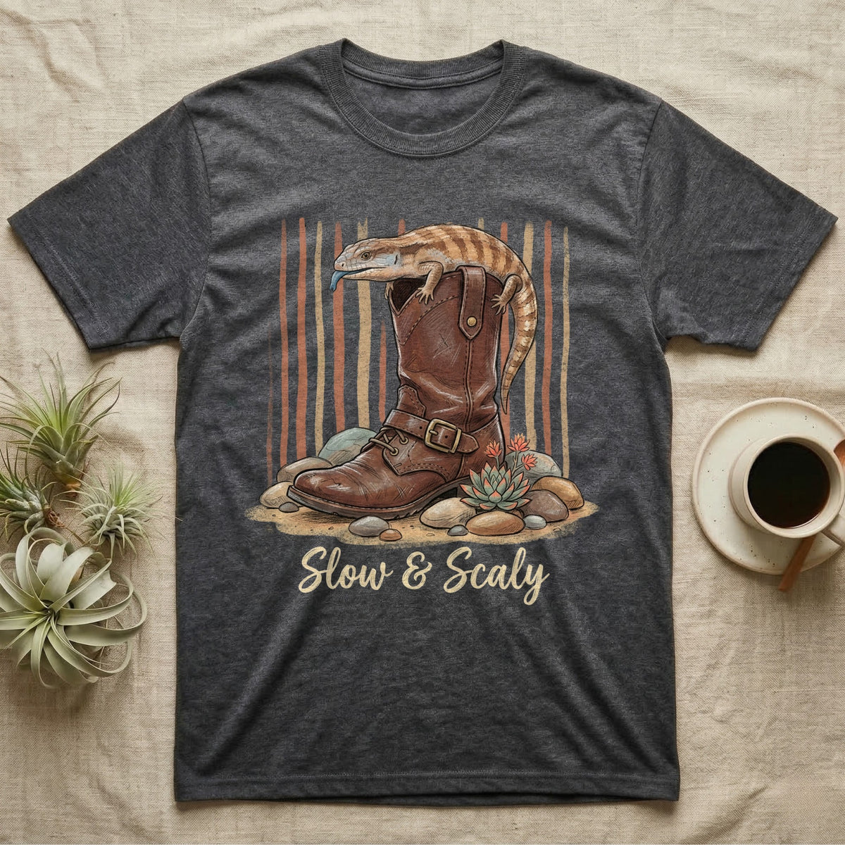 Dark t-shirt with a brown cowboy boot, lizard, and text "Slow & Scaly".