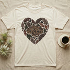 Cream t-shirt with a heart-shaped snake and natural wood design.