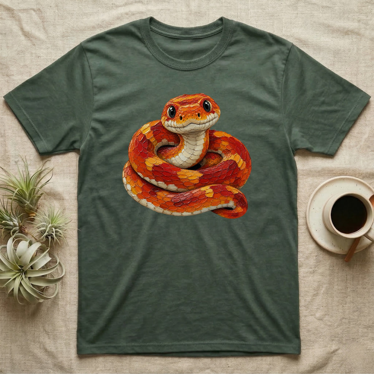 Green t-shirt with coiled orange and red snake graphic.