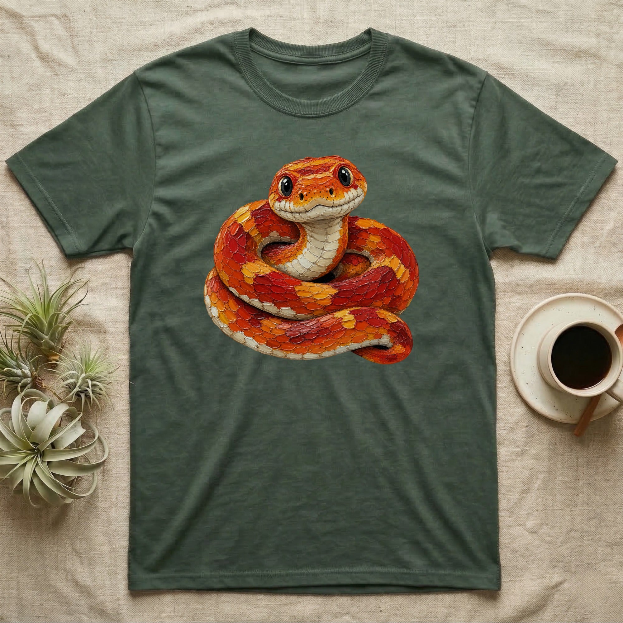 Green t-shirt with coiled orange and red snake graphic.