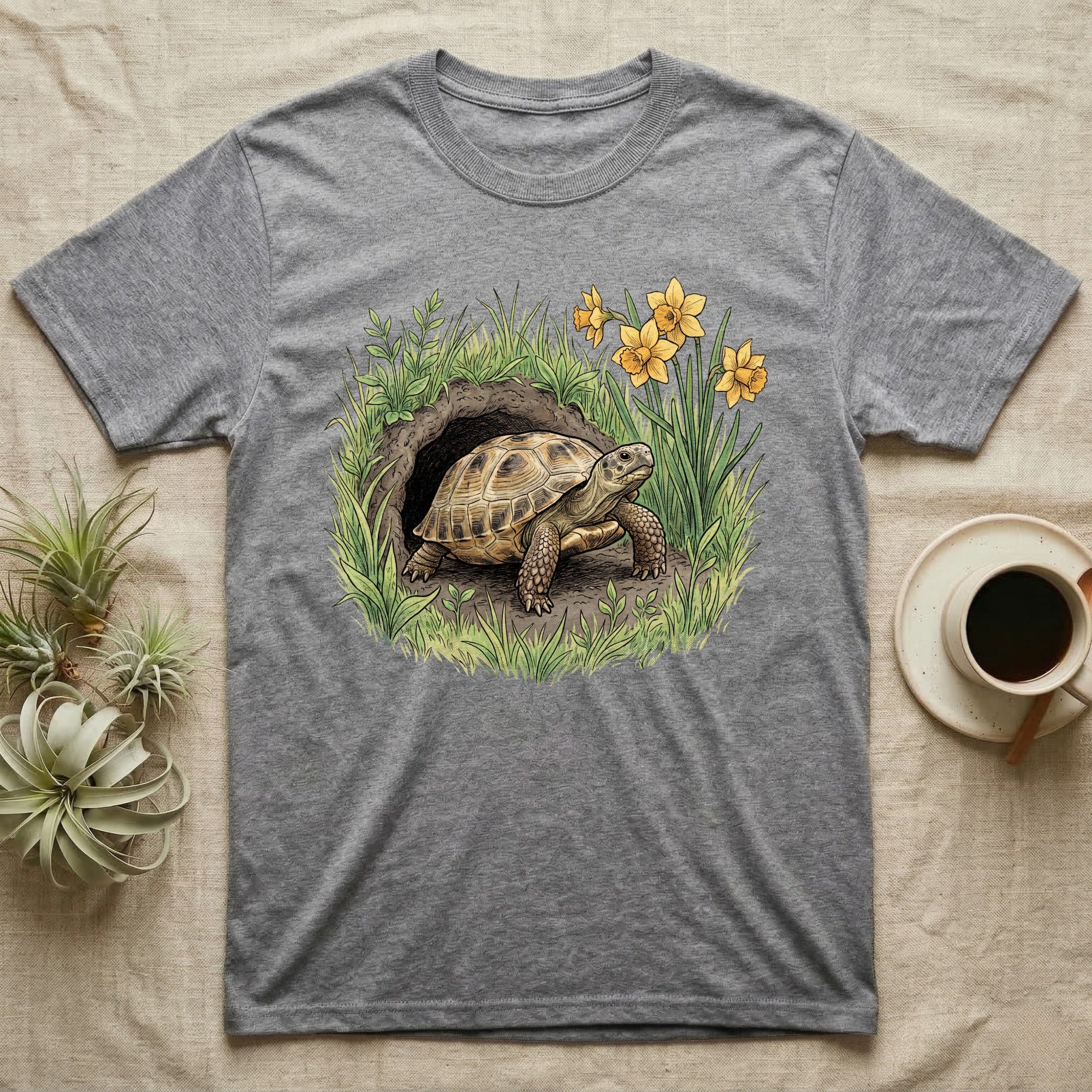 Russian Tortoise Spring T-Shirt in Sport Grey — Botanical illustration of a Russian tortoise stepping into spring grass framed by daffodils and early shoots.