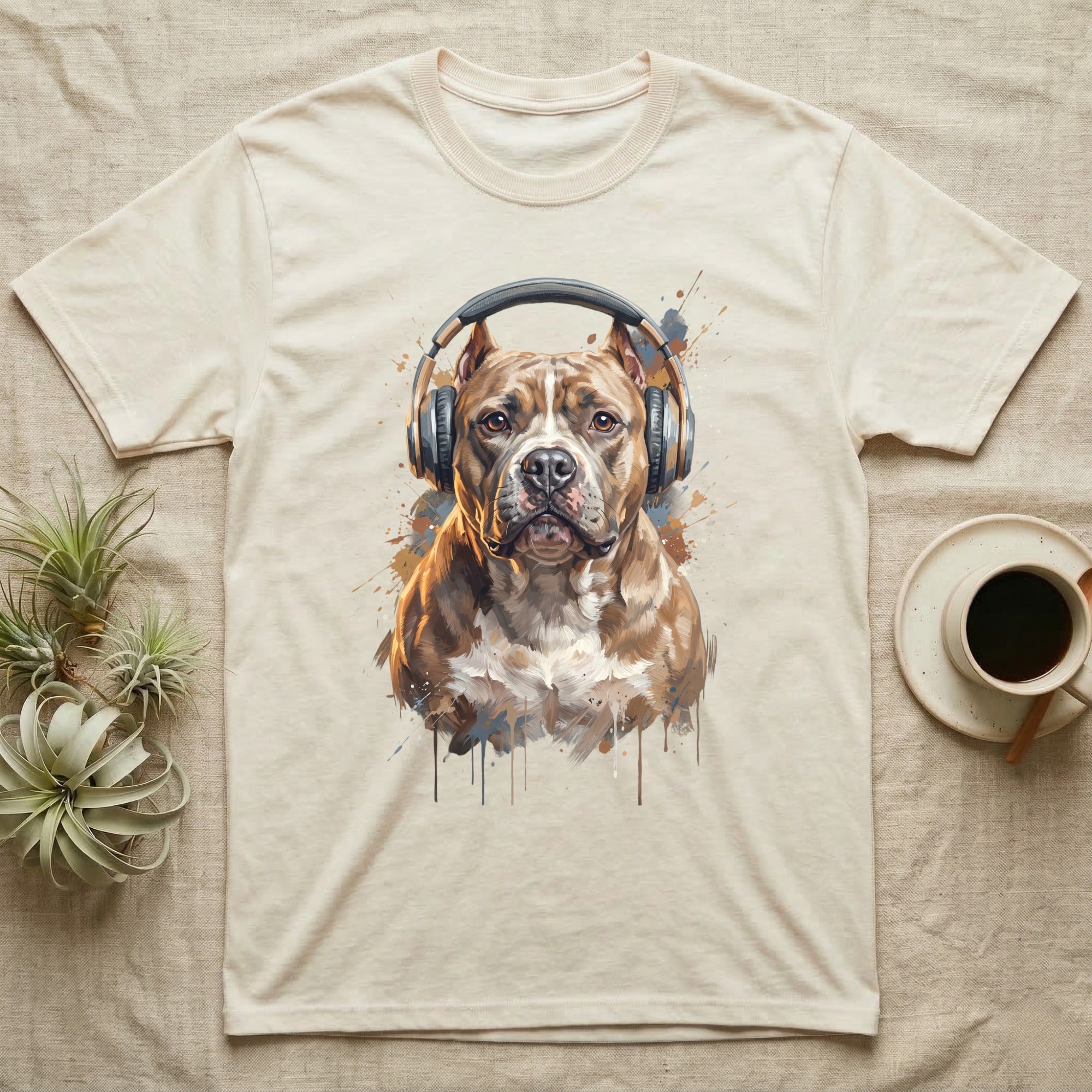Pitbull wearing headphones, stylized watercolor art on a cream t-shirt.