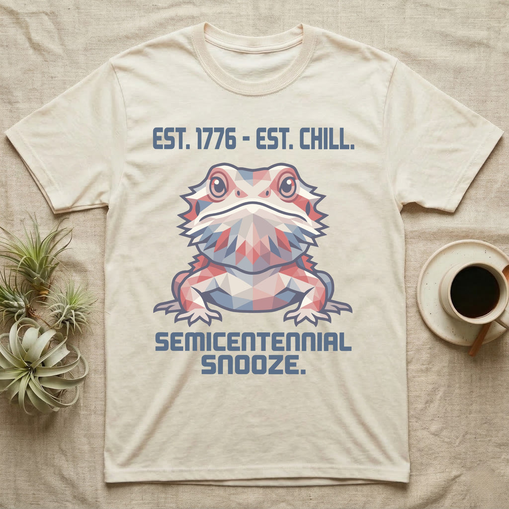 Bearded Dragon Geometric T-Shirt in Natural — Low-poly faceted bearded dragon portrait in muted tones with text Est. 1776 Est. Chill and Semicentennial Snooze.